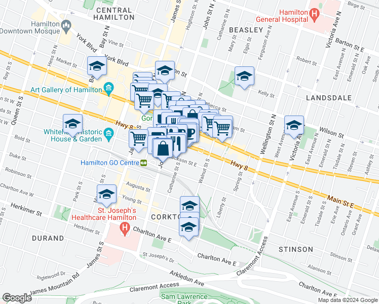 map of restaurants, bars, coffee shops, grocery stores, and more near in Hamilton