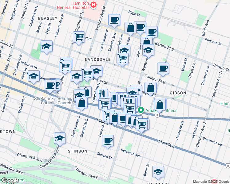 map of restaurants, bars, coffee shops, grocery stores, and more near 2 Nightingale Street in Hamilton