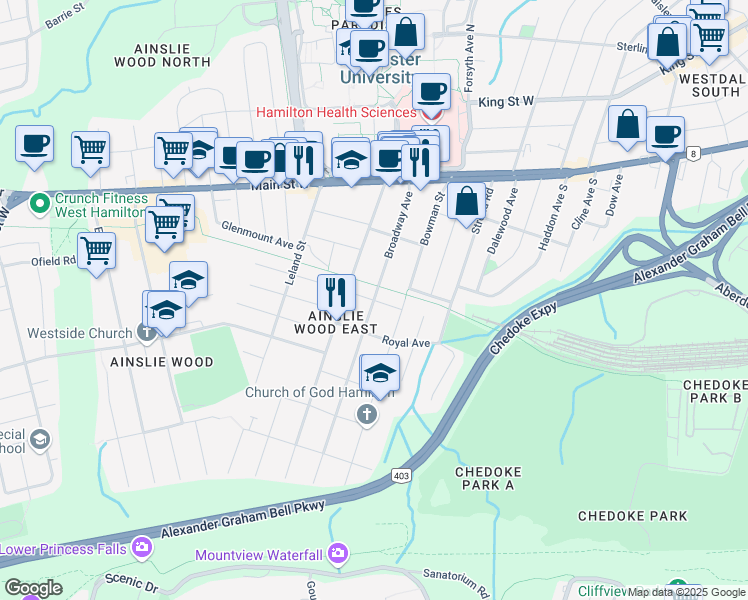 map of restaurants, bars, coffee shops, grocery stores, and more near Broadway Ave & Ward Ave in Hamilton