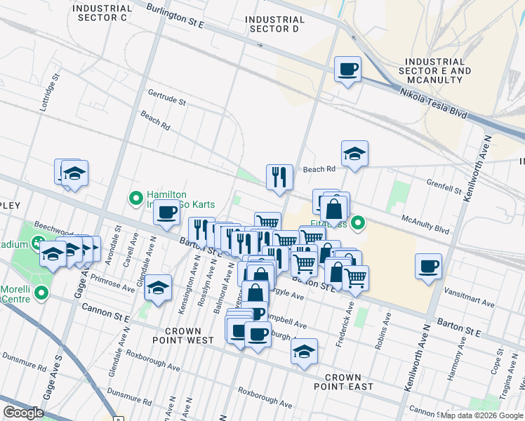 map of restaurants, bars, coffee shops, grocery stores, and more near 43 Dalkeith Avenue in Hamilton