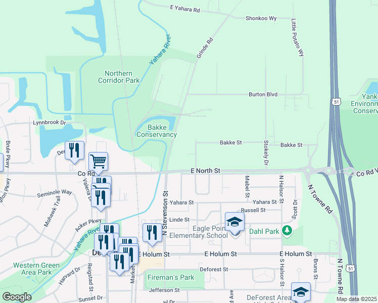 map of restaurants, bars, coffee shops, grocery stores, and more near 504 Bassett Street in DeForest