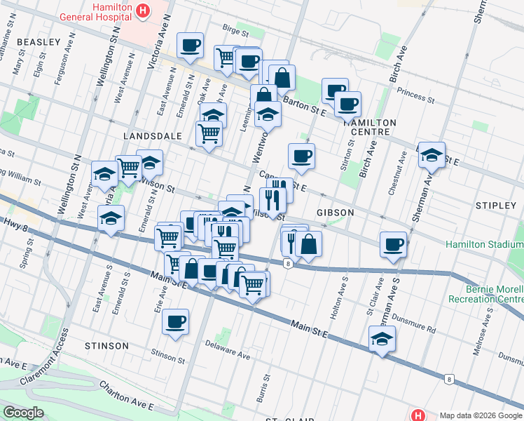map of restaurants, bars, coffee shops, grocery stores, and more near 523 Wilson Street in Hamilton