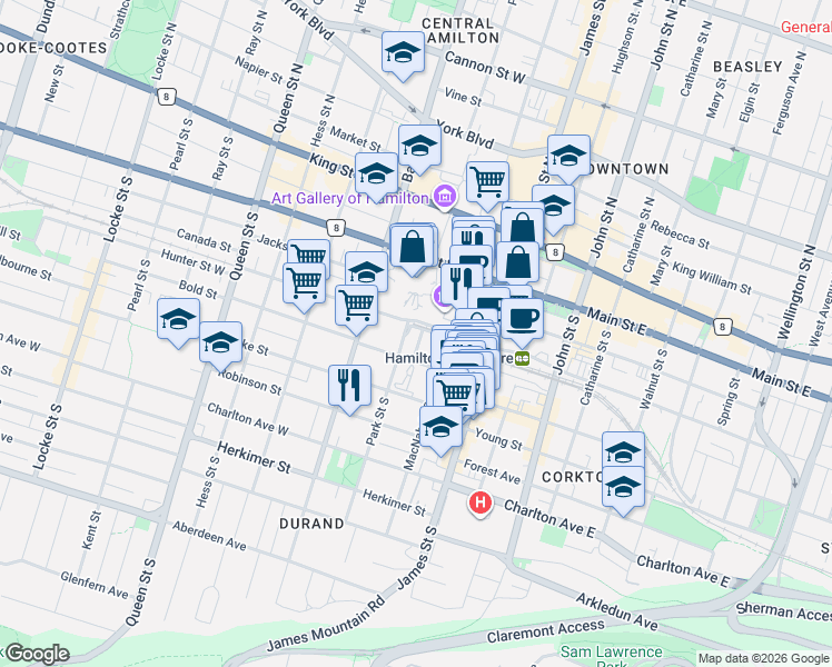 map of restaurants, bars, coffee shops, grocery stores, and more near 120 Charles Street in Hamilton