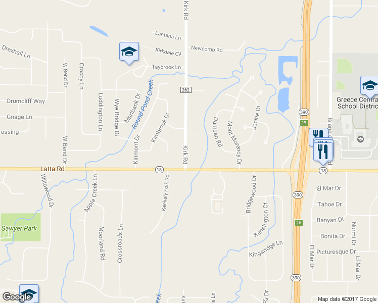 map of restaurants, bars, coffee shops, grocery stores, and more near 52 Kirk Road in Rochester