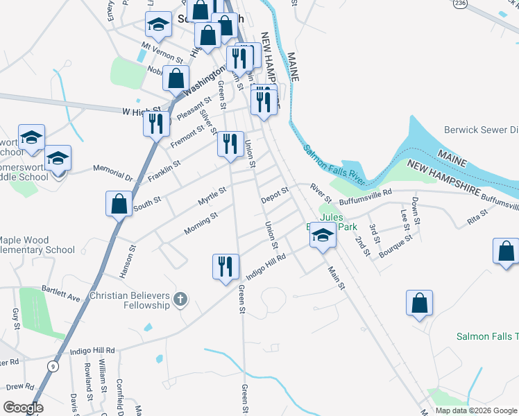 map of restaurants, bars, coffee shops, grocery stores, and more near 77 Union Street in Somersworth