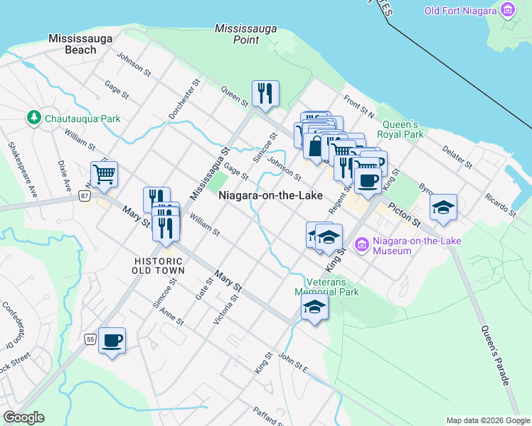 map of restaurants, bars, coffee shops, grocery stores, and more near 330 Gate Street in Niagara-on-the-Lake