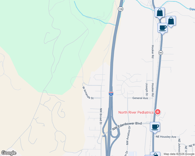 map of restaurants, bars, coffee shops, grocery stores, and more near 3610 Northwest Broad Street in Roseburg