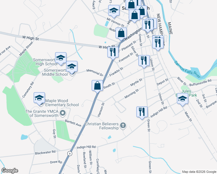 map of restaurants, bars, coffee shops, grocery stores, and more near 78 South Street in Somersworth