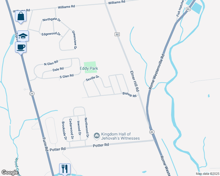 map of restaurants, bars, coffee shops, grocery stores, and more near 6638 Seville Drive in Rome
