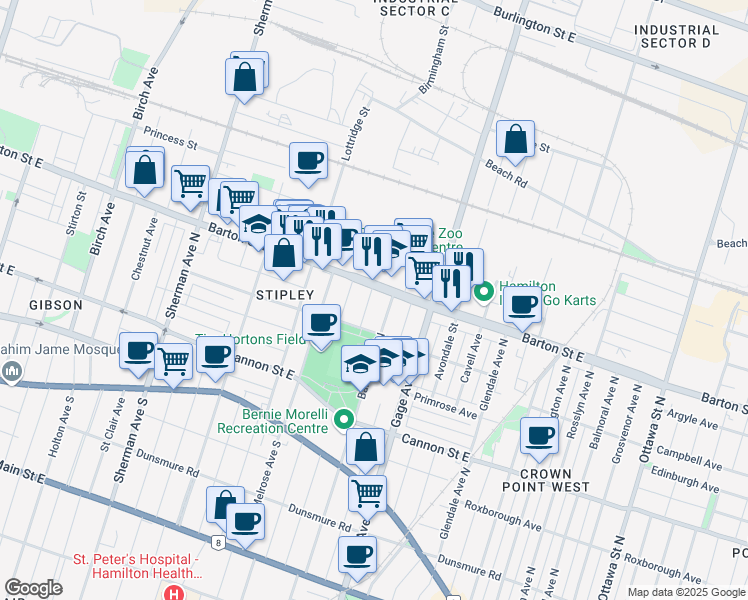 map of restaurants, bars, coffee shops, grocery stores, and more near 162 Leinster Avenue North in Hamilton