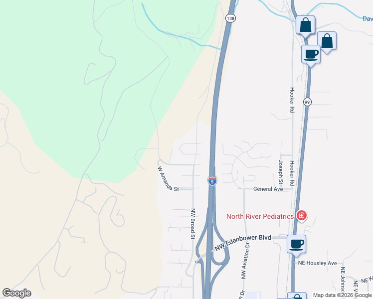 map of restaurants, bars, coffee shops, grocery stores, and more near 3610 Northwest Broad Street in Roseburg