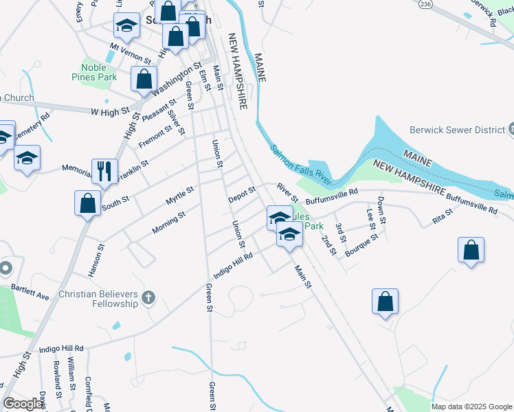 map of restaurants, bars, coffee shops, grocery stores, and more near 9 Mount Auburn Street in Somersworth