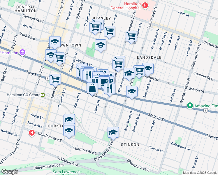 map of restaurants, bars, coffee shops, grocery stores, and more near in Hamilton