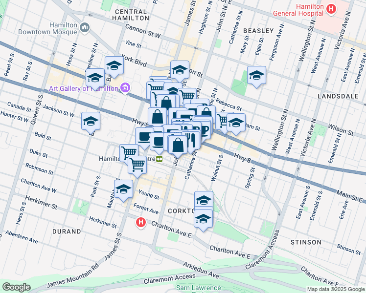 map of restaurants, bars, coffee shops, grocery stores, and more near in Hamilton