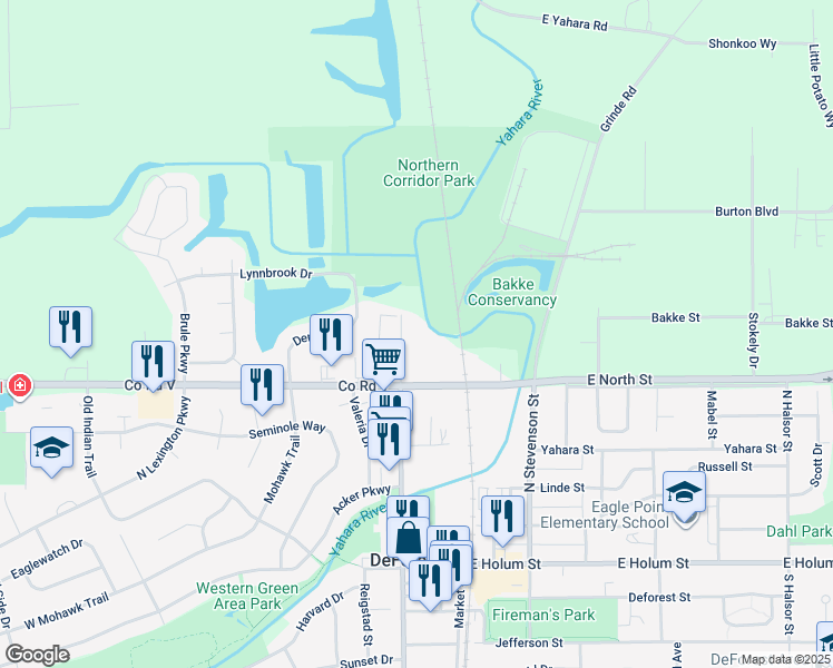 map of restaurants, bars, coffee shops, grocery stores, and more near 509 North Main Street in DeForest