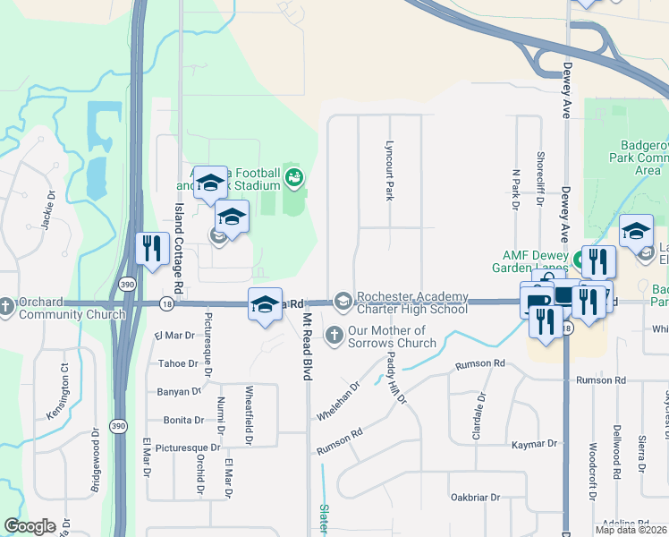 map of restaurants, bars, coffee shops, grocery stores, and more near 781 Shorecliff Dr in Rochester