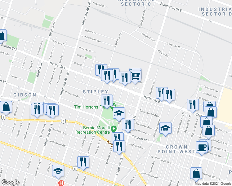map of restaurants, bars, coffee shops, grocery stores, and more near 154 Prospect Street North in Hamilton