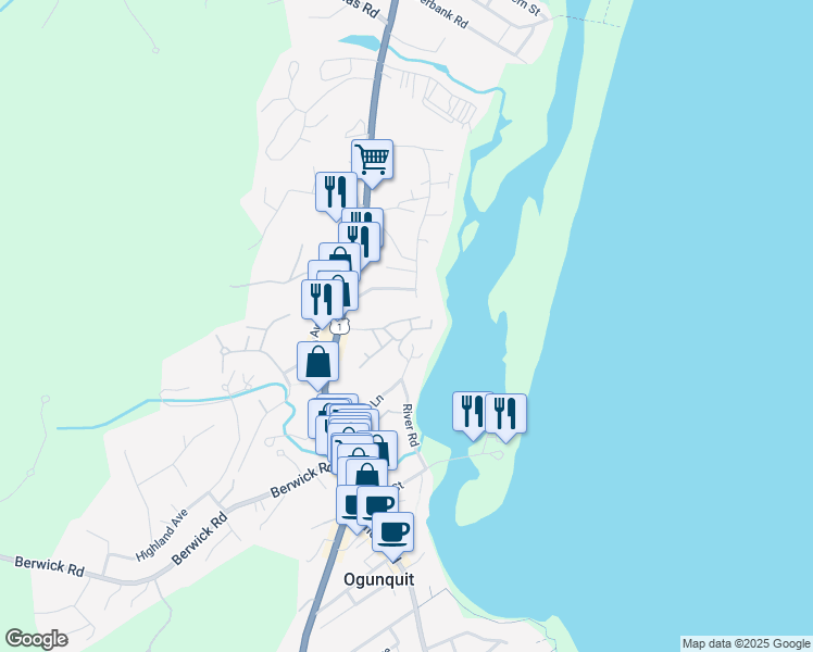 map of restaurants, bars, coffee shops, grocery stores, and more near 56 Green Needle Lane in Ogunquit
