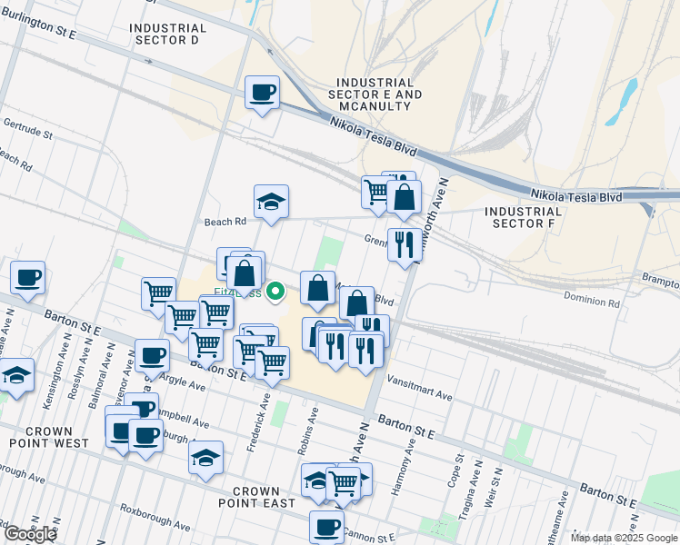 map of restaurants, bars, coffee shops, grocery stores, and more near 16 Benson Avenue in Hamilton