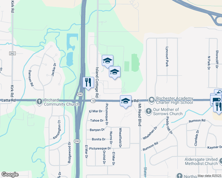map of restaurants, bars, coffee shops, grocery stores, and more near Greece Arcadia Middle in Rochester