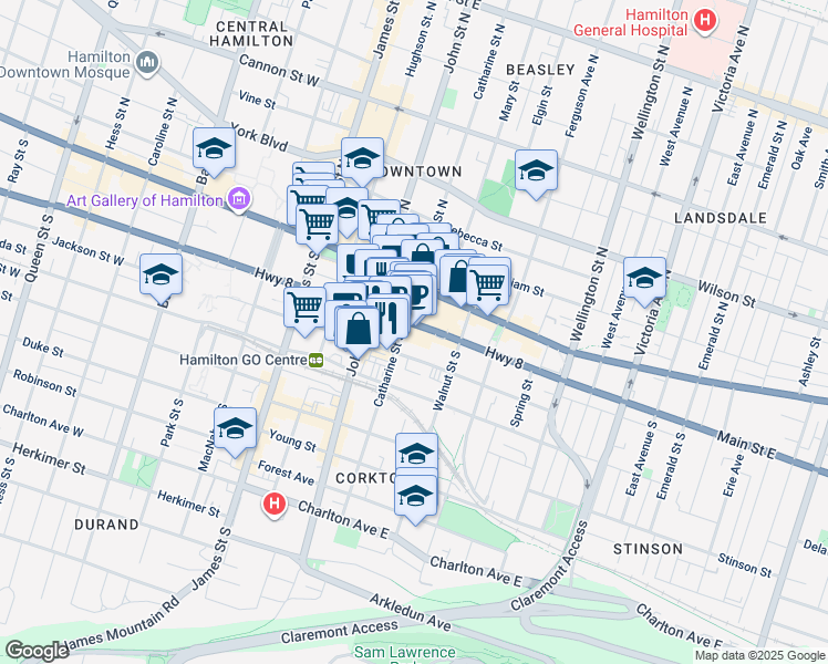map of restaurants, bars, coffee shops, grocery stores, and more near 100 Main Street East in Hamilton
