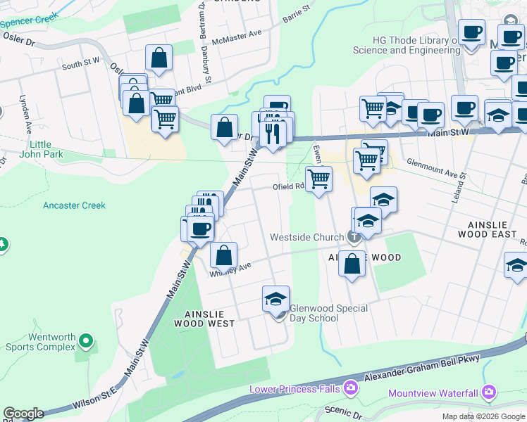 map of restaurants, bars, coffee shops, grocery stores, and more near 43 Lower Horning Road in Hamilton
