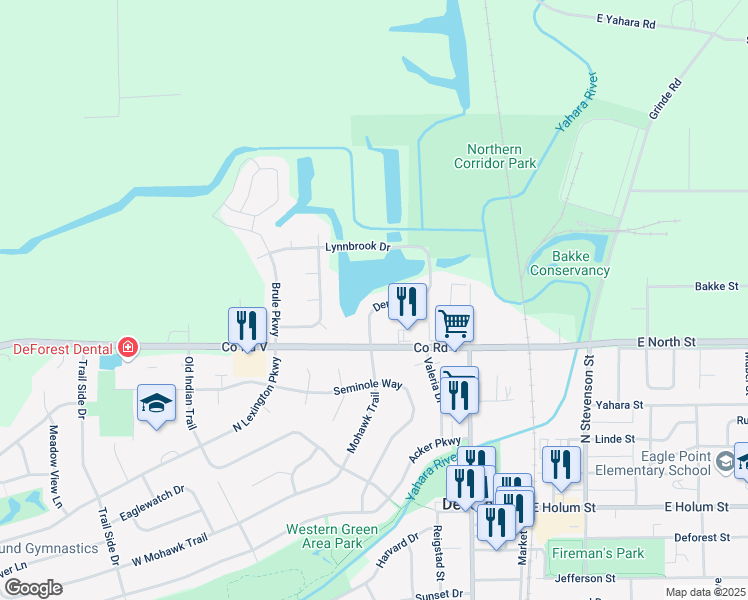 map of restaurants, bars, coffee shops, grocery stores, and more near 517 Dennis Drive in DeForest