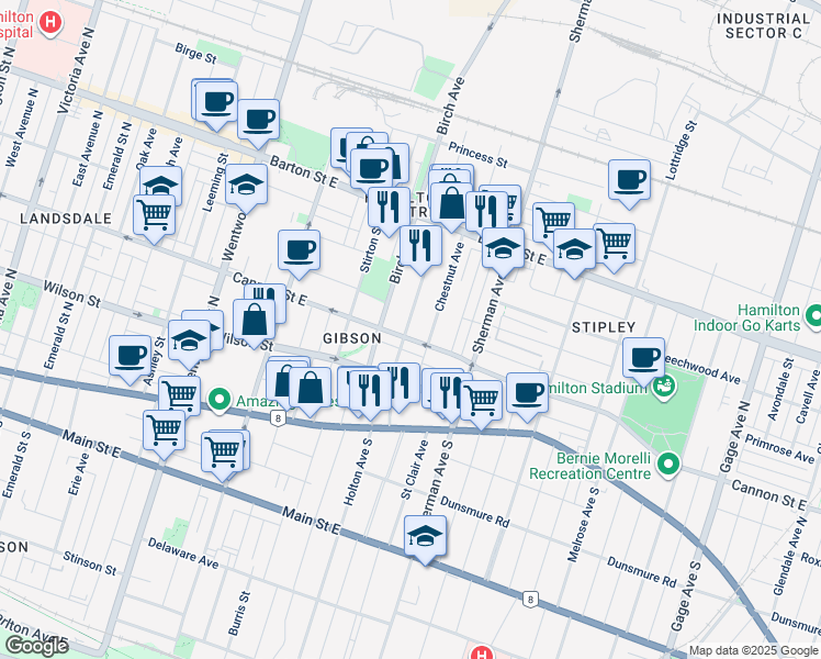 map of restaurants, bars, coffee shops, grocery stores, and more near 82 Gibson Avenue in Hamilton