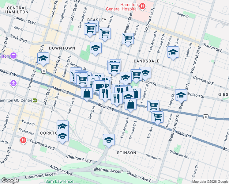 map of restaurants, bars, coffee shops, grocery stores, and more near 29 West Avenue North in Hamilton