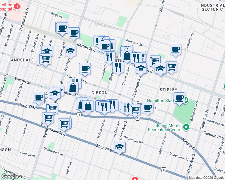 map of restaurants, bars, coffee shops, grocery stores, and more near 563 Cannon Street East in Hamilton