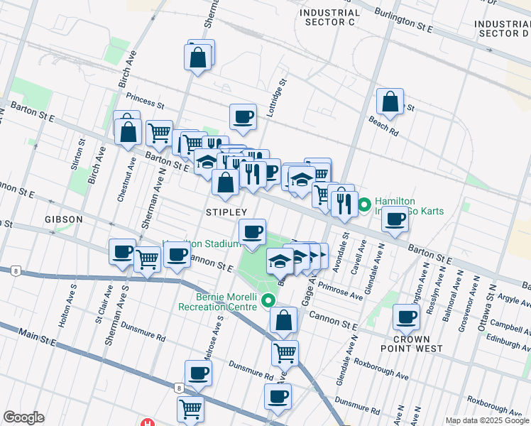 map of restaurants, bars, coffee shops, grocery stores, and more near 151 Prospect Street North in Hamilton