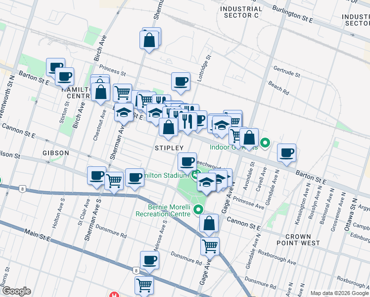 map of restaurants, bars, coffee shops, grocery stores, and more near in Hamilton