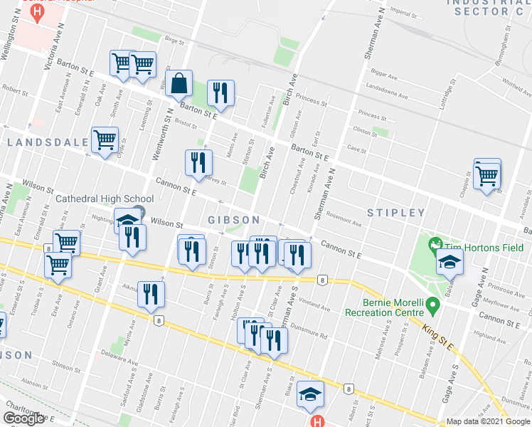 map of restaurants, bars, coffee shops, grocery stores, and more near in Hamilton