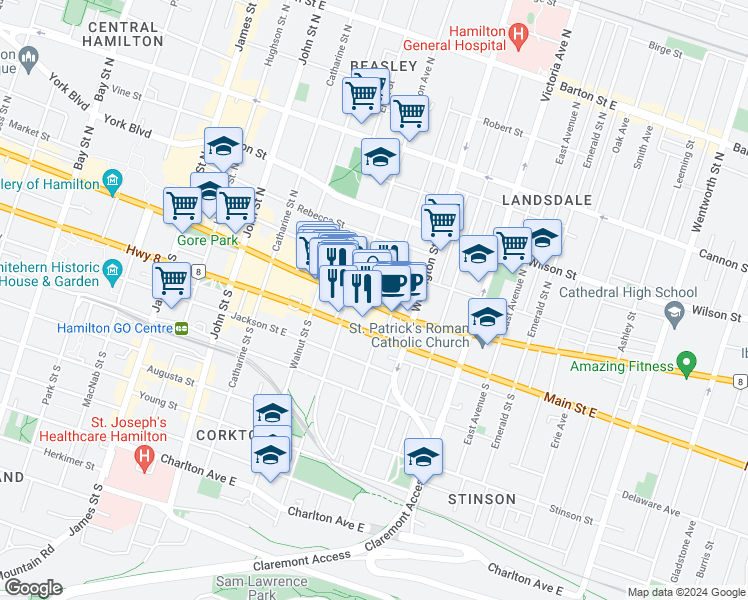 map of restaurants, bars, coffee shops, grocery stores, and more near in Hamilton