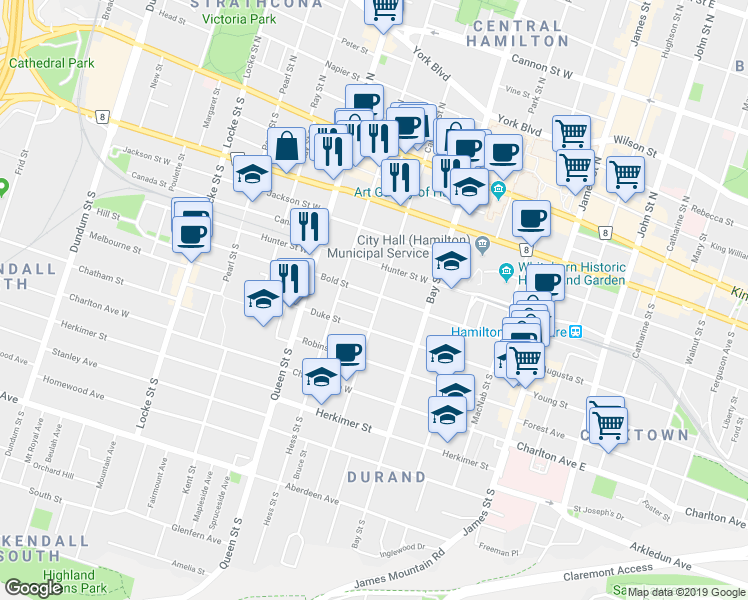 map of restaurants, bars, coffee shops, grocery stores, and more near in Hamilton