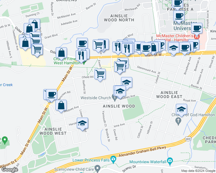 map of restaurants, bars, coffee shops, grocery stores, and more near 79 Ewen Road in Hamilton