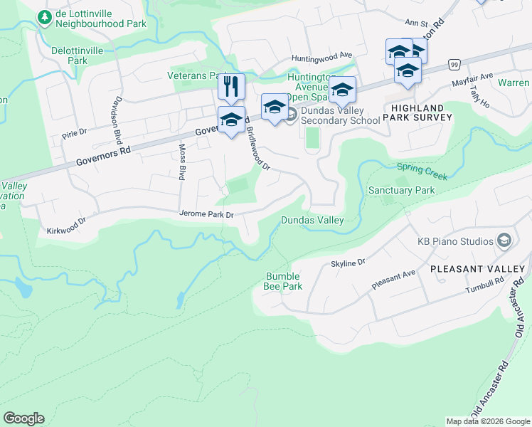 map of restaurants, bars, coffee shops, grocery stores, and more near 28 Jerome Park Drive in Hamilton
