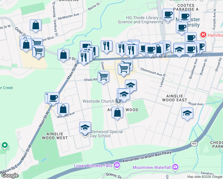 map of restaurants, bars, coffee shops, grocery stores, and more near 79 Ewen Road in Hamilton