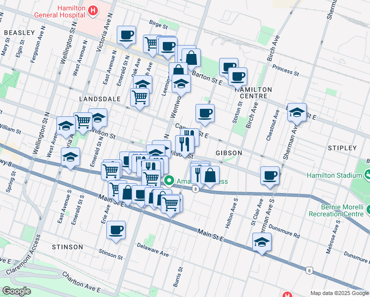 map of restaurants, bars, coffee shops, grocery stores, and more near 4 Madison Avenue in Hamilton