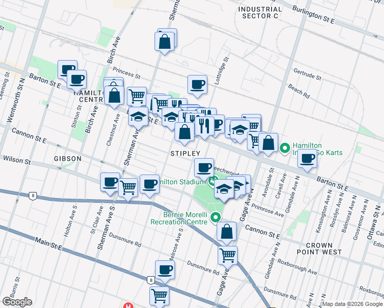 map of restaurants, bars, coffee shops, grocery stores, and more near 131 Lottridge Street in Hamilton