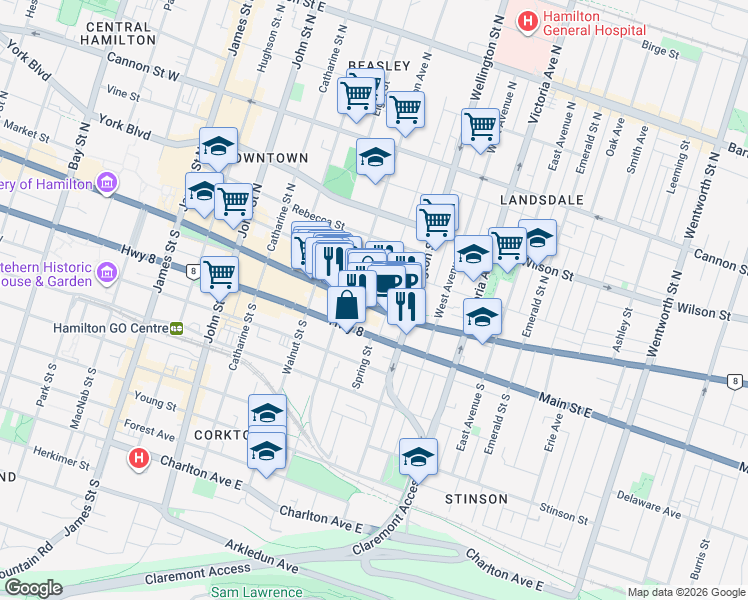 map of restaurants, bars, coffee shops, grocery stores, and more near 283 King Street East in Hamilton