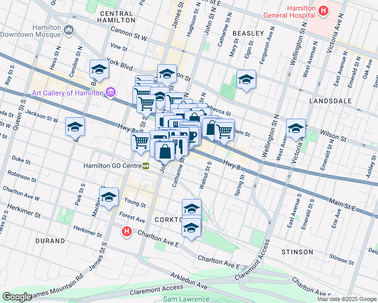 map of restaurants, bars, coffee shops, grocery stores, and more near in Hamilton