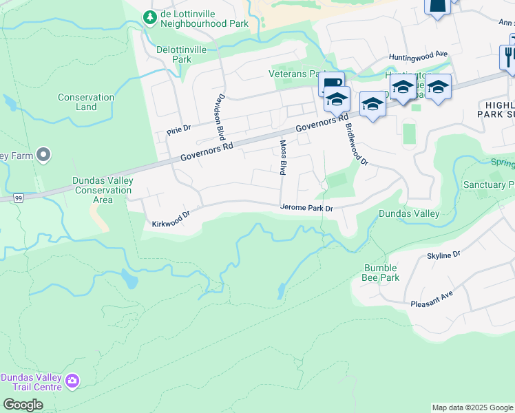 map of restaurants, bars, coffee shops, grocery stores, and more near 96 Jerome Park Drive in Hamilton