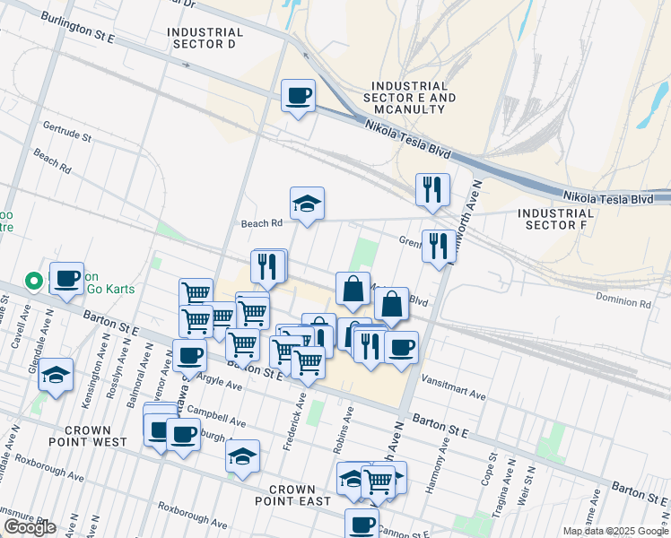 map of restaurants, bars, coffee shops, grocery stores, and more near 103 McAnulty Boulevard in Hamilton