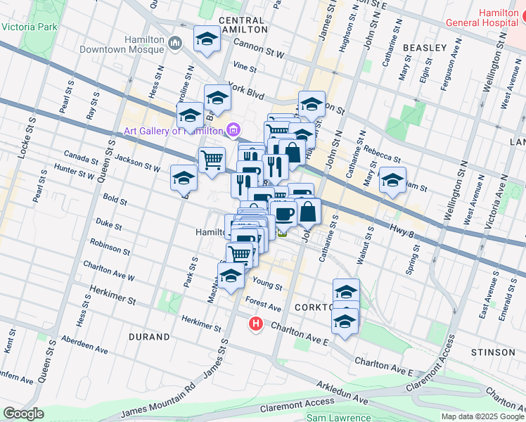 map of restaurants, bars, coffee shops, grocery stores, and more near 98 James Street South in Hamilton