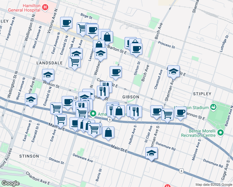 map of restaurants, bars, coffee shops, grocery stores, and more near 19 Greenaway Avenue in Hamilton