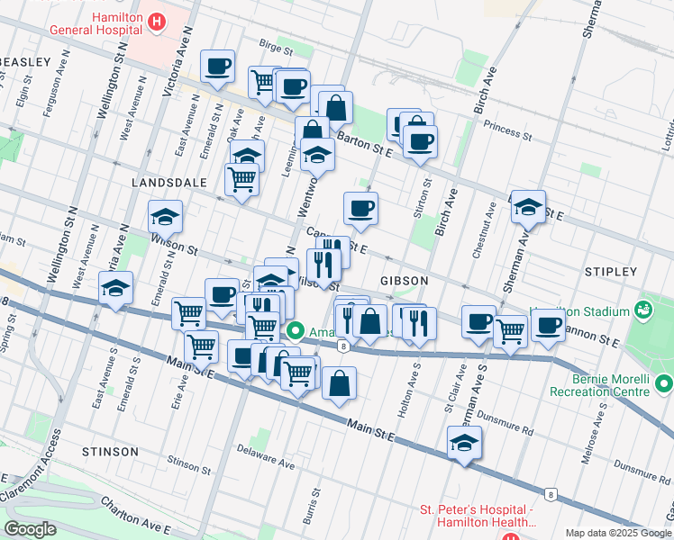 map of restaurants, bars, coffee shops, grocery stores, and more near 91 Sanford Avenue North in Hamilton