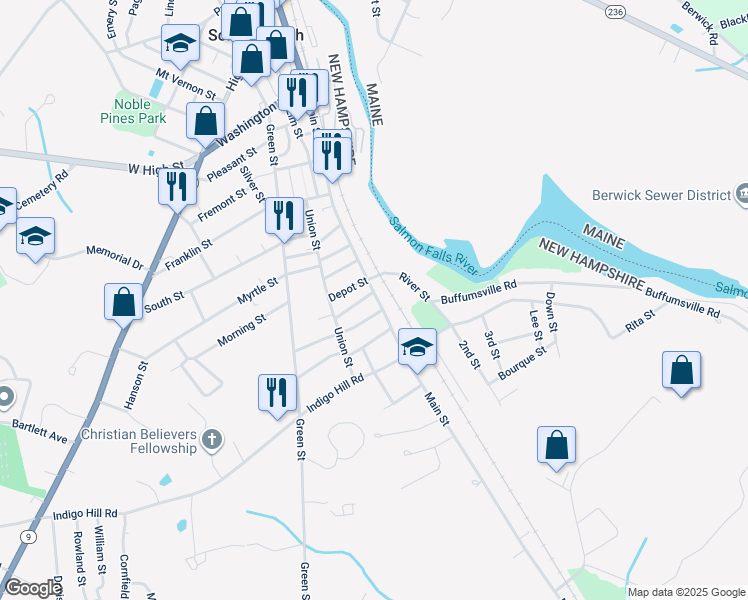 map of restaurants, bars, coffee shops, grocery stores, and more near 9 Mount Auburn Street in Somersworth