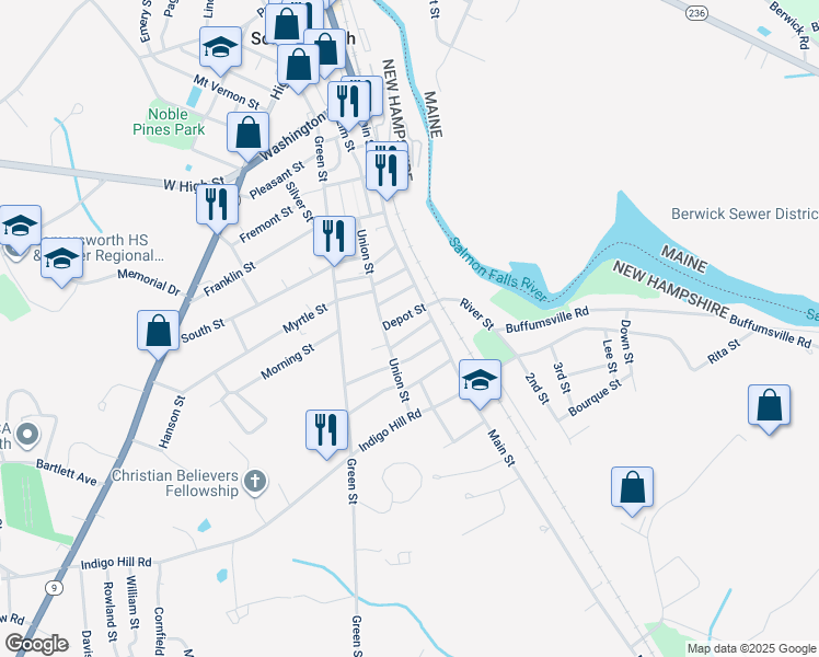 map of restaurants, bars, coffee shops, grocery stores, and more near 9 Mount Auburn Street in Somersworth