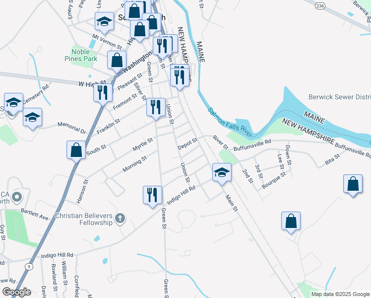 map of restaurants, bars, coffee shops, grocery stores, and more near 78 Union Street in Somersworth